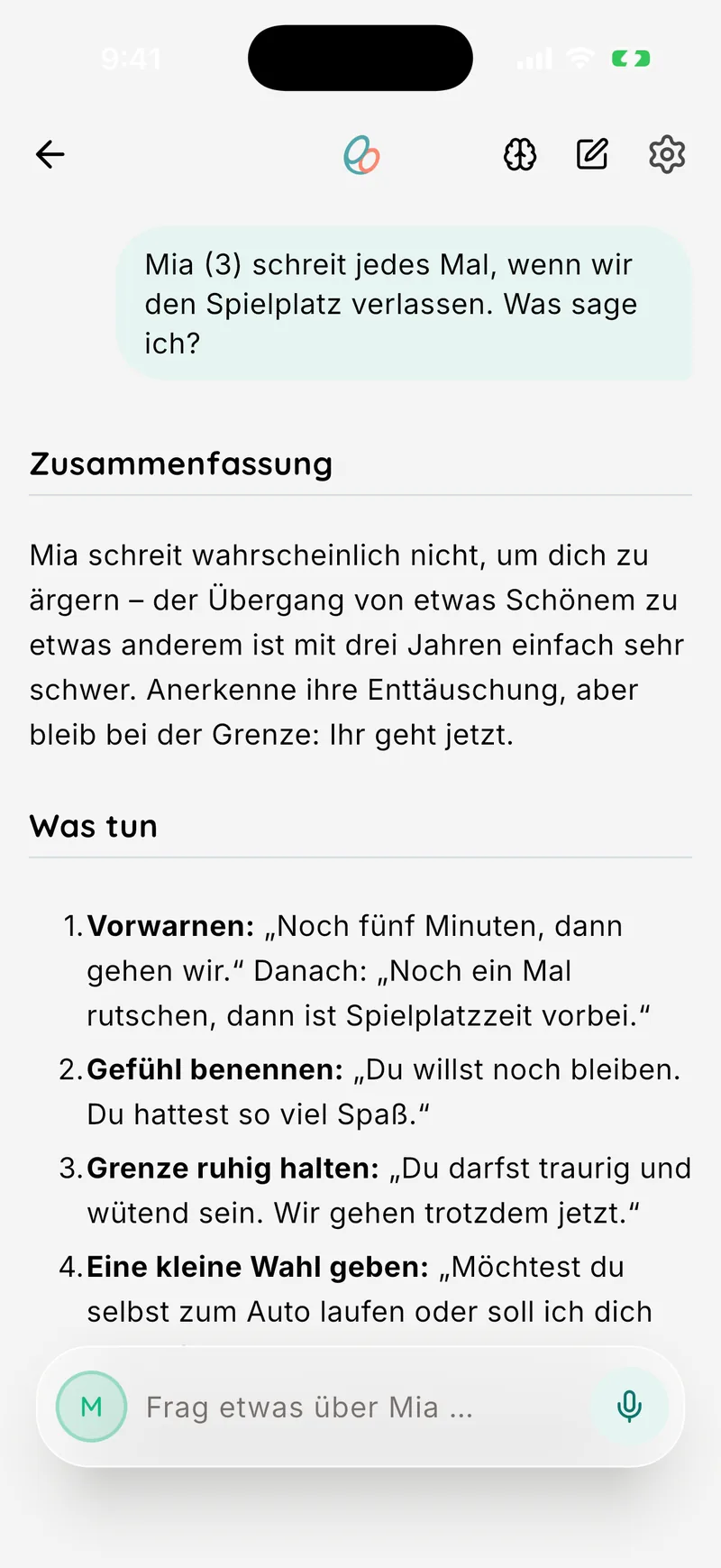 Der Chat kennt Alter und Thema deines Kindes.