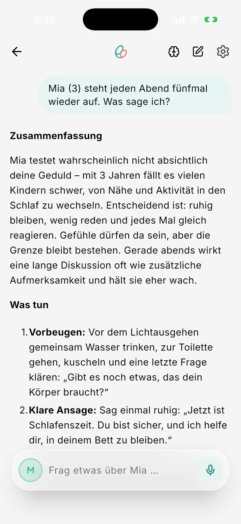 Der Chat kennt Alter und Thema deines Kindes.
