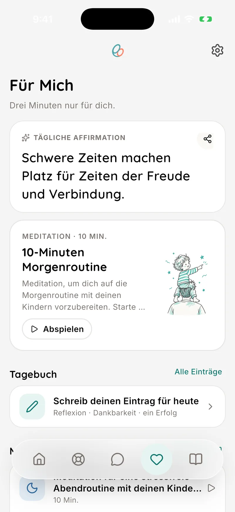 RootWise App: der Bereich Für mich mit der Affirmation des Tages und einer kurzen Meditation
