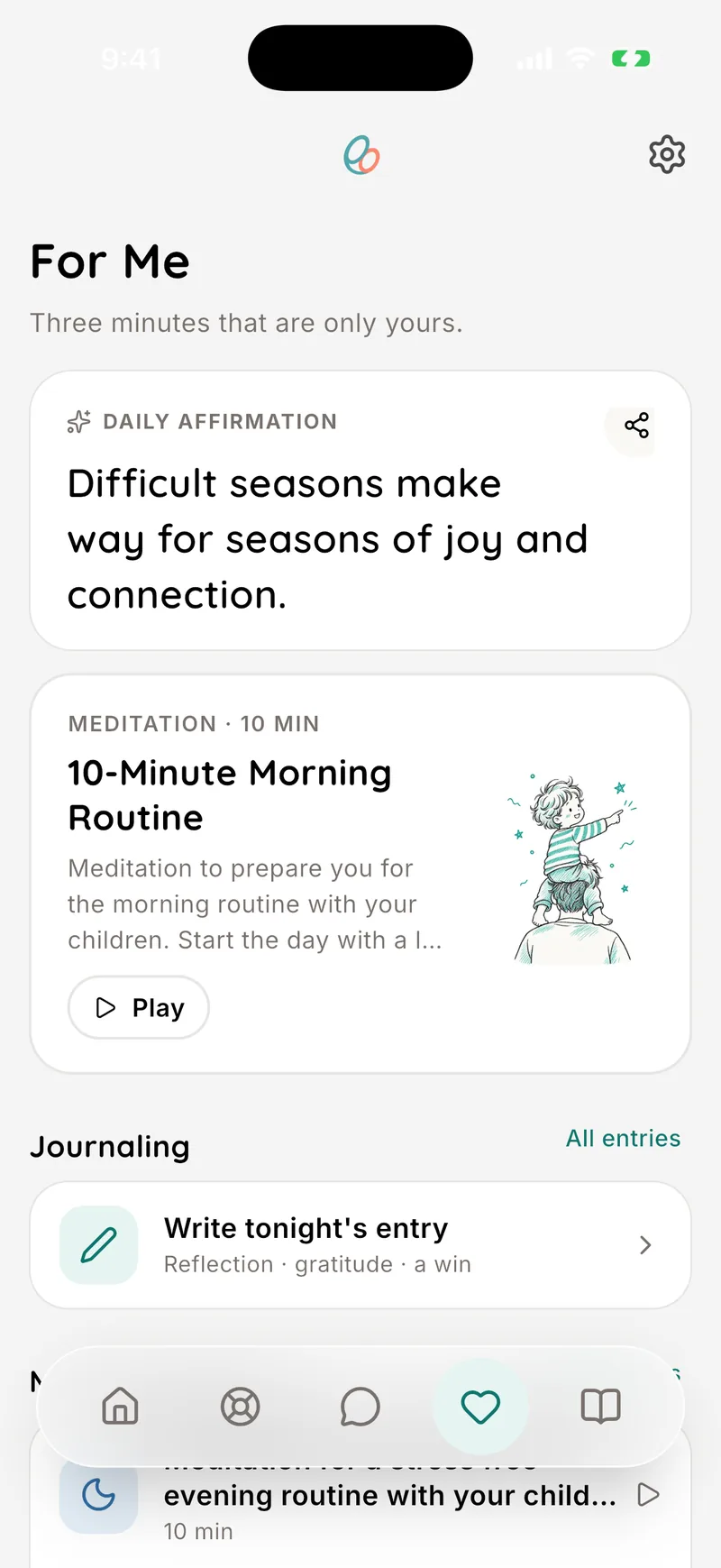 RootWise app: the For Me tab with today's affirmation and a short meditation
