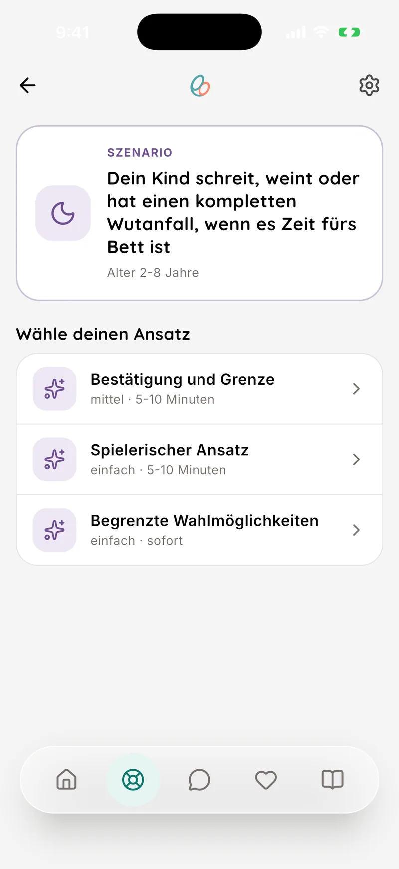 RootWise App: das Szenario Wutanfall beim Zubettgehen mit drei Ansätzen zur Auswahl